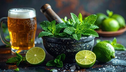 Refreshing Beer, Limes, and Mint Composition: A Culinary and Beverage Delicacy
