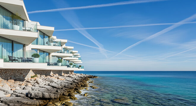 Modern white tiered hotel balconies overlooking clear turquoise sea and rocky coast under bright blue sky with airplane contrails