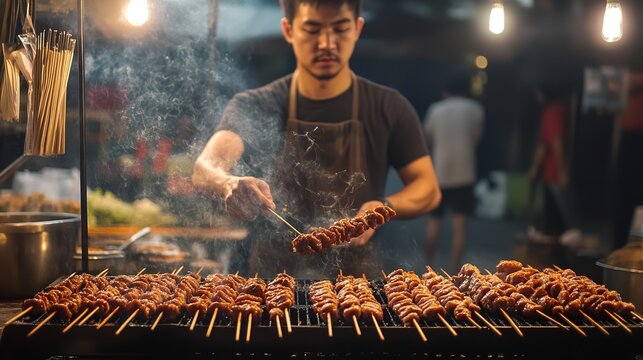 Street food vendor grilling delicious chicken skewers at night market for hungry customers in asia