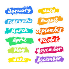 A set of colorful brush strokes with the months of the year written on them. Brush strokes of different colors and sizes create a vibrant and playful look