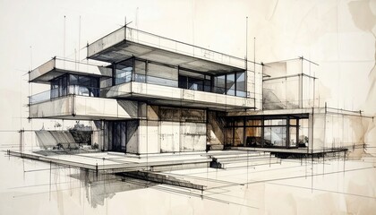 Architectural Illustration: Modern Residence Sketch Showing Design and Concept Development