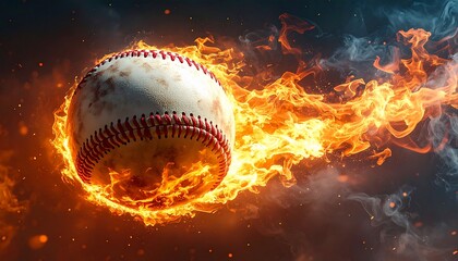 Fiery Baseball Soaring Through Intense Flames, High-Impact Action and Dynamic Display