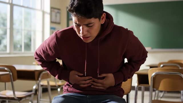 Young man suffering from stomach ache in classroom. Adolescent experience abdominal discomfort and health problem in school.