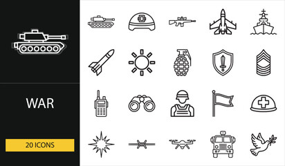 War icon set with tank, helmet, aircraft, and soldier symbols. Suitable for defense, history, or military strategy design projects