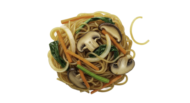 Noodle Dish Arrangement with Mushrooms Carrots and Spinach on Glossy Gold