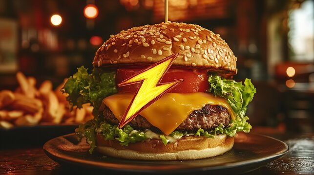 Burger with cheese lettuce tomato and sesame seed bun on plate delicious fast food restaurant