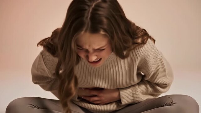 Young woman with strong stomachache at home, concept of abdominal pain, menstruation, food poisoning, or indigestion