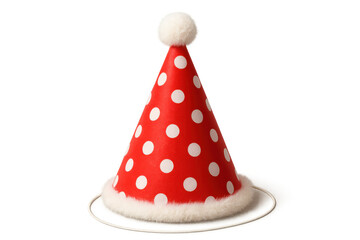 Red party hat with white polka dots, fur trim, and pom-pom, symbolizing celebration, birthday, and festive joy