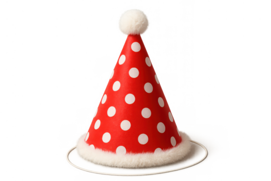 Red party hat with white polka dots, fur trim, and pom-pom, symbolizing celebration, birthday, and festive joy