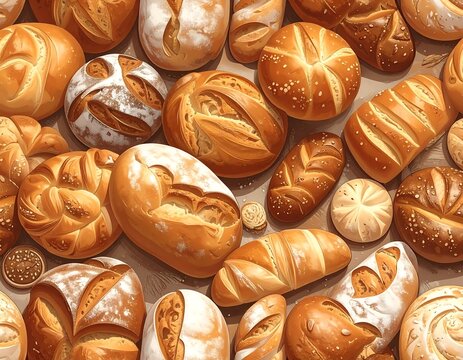 Assortment of baked breads and rolls from a top-down view