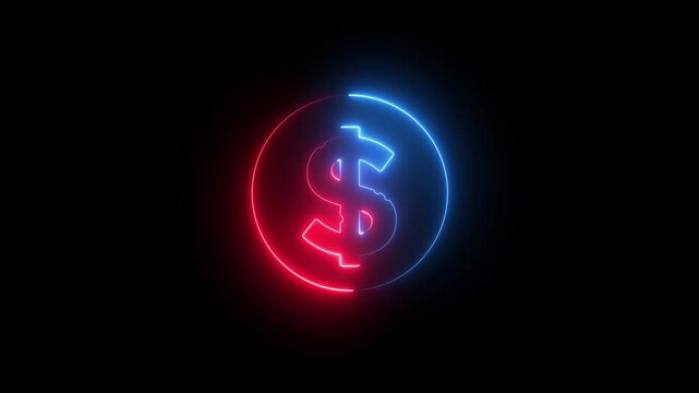 Glowing neon dollar line icon animation on black background, futuristic money symbol representing finance, wealth, profit, business, and digital economy