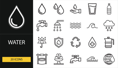 Water icon set with drops, taps, and waves. Great for environmental, plumbing, and clean water projects