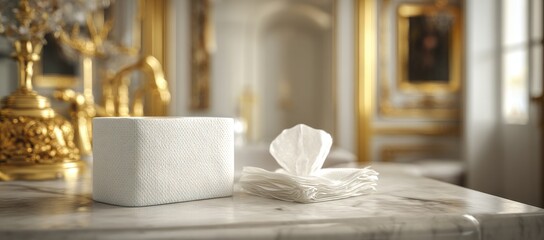 White tissue box and napkins on a marble surface in a luxurious interior