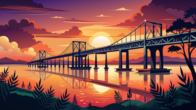 Very beautiful silhouette of the Biloxi Bay Bridge at sunset, Mississippi Gulf Coast, featuring the glowing sky, calm water reflections, and a realistic serene coastal atmosphere.