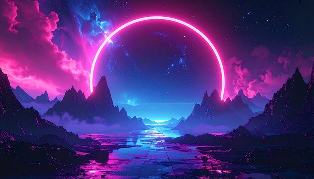 A mesmerizing and captivating neon landscape showcasing a vibrant otherworldly aesthetic