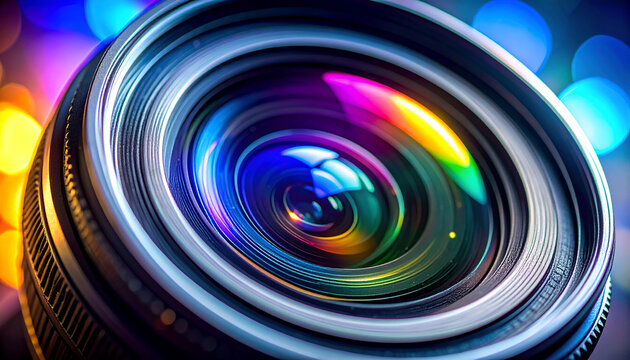 Close-up of a vibrant camera lens with colorful reflections and bokeh background