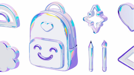 Iridescent school supplies arrangement featuring backpack, rainbow, cloud, heart, and art tools set up silhouette