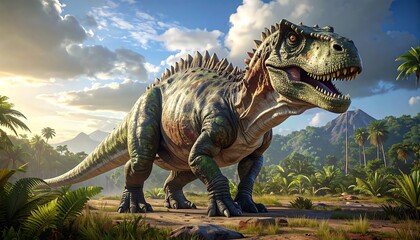 Majestic Tyrannosaurus Rex Roaming in Lush Prehistoric Landscape.