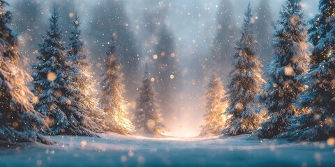 Snowy winter forest bathed in golden light