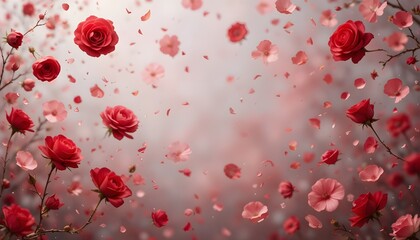 Flying Red Rose Petals on Red Background for Romantic and Festive Design