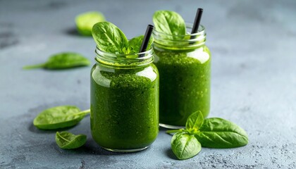 Healthy green smoothie served in glass jars with fresh basil leaves ready for consumption