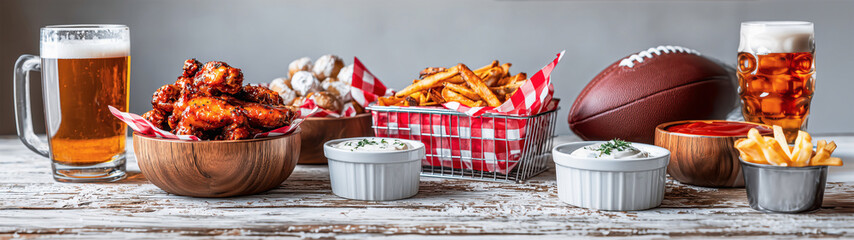 Fictional banner of football party food, including chicken wings and fries with ranch dressing in small bowls, beer mugs on the side, and an American football ball next to it.