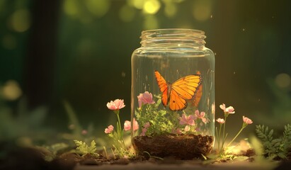 Glass jar, butterfly, flowers, forest