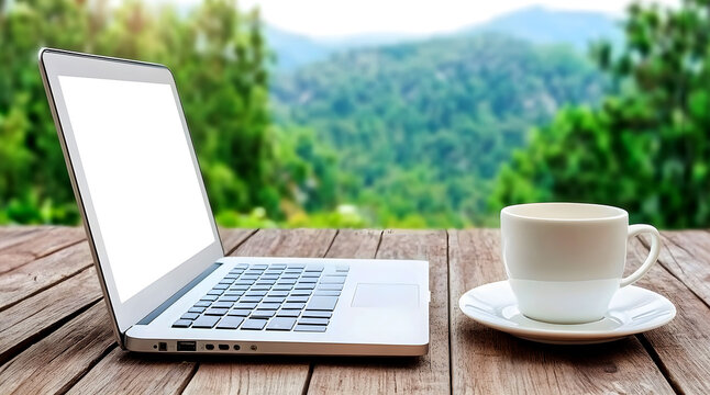 Laptop with blank screen and coffee cup on wooden table, surrounded by lush greenery, creating an ideal workspace for digital nomads seeking inspiration and productivity. digital nomad