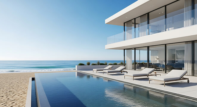 Luxurious modern beachfront villa with infinity pool overlooking a serene ocean and sandy beach on a clear sunny day for tranquil escape.