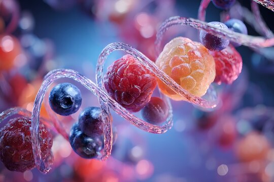 Stock photo of dna helix strand with raspberries and blueberries science and biology concept - Powered by Adobe