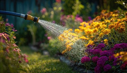 Water hose watering vibrant flowers in garden