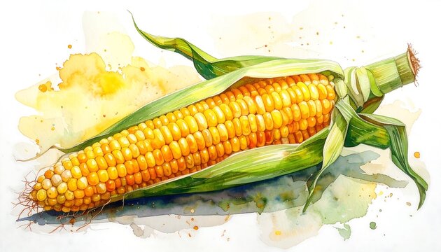 A vibrant watercolor illustration showcases a single, fully exposed ear of corn. Bright yellow kernels contrast with green husks