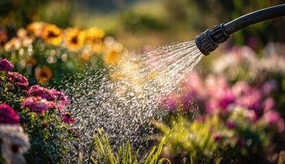 Water hose watering colorful flowers in garden