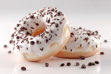Two white frosted donuts with chocolate sprinkles