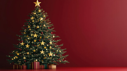 A beautifully decorated Christmas tree adorned with gold stars stands against a deep red background, ideal for holiday cards, digital wallpapers, promotional materials, and festive web illustration