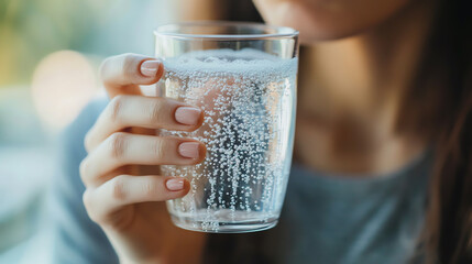 Closeup of effervescent drink in glass, woman about to drink, daily health routine concept