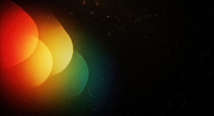 Abstract colorful light blobs creating a vibrant bokeh effect on a dark background with subtle texture.