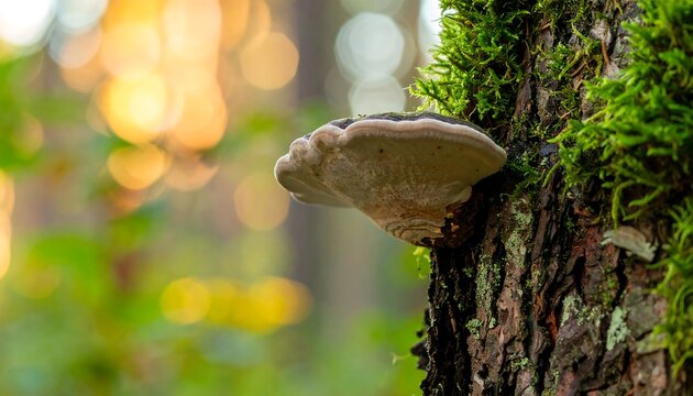 Mushroom on Mossy Tree Trunk in Forest with Bokeh Background.