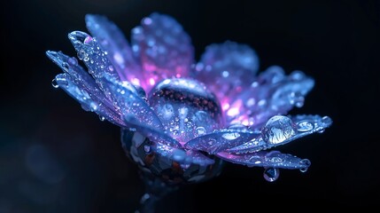 Stunning macro detail of a delicate purple flower glistening with dew drops, illuminated by soft, ethereal light against a dark background.