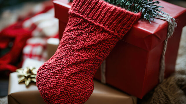 A red knitted christmas stocking sitting on top of a gift box