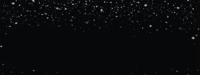 Realistic falling snow overlay on black background with glowing particles.Vector elements for Christmas,winter season projects,holiday videos,YouTube overlays,festive design frame boder template