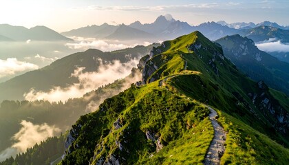 Scenic view of a winding path along lush green mountains with clouds and peaks in the background