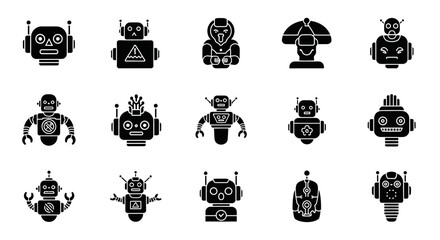 Diverse collection of stylized robot icons, showcasing futuristic technology and artificial intelligence concepts for modern design projects.