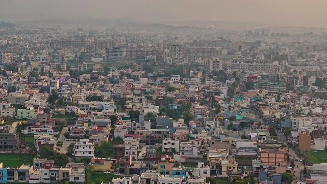 Daytime aerial shot of an Indian city. Bird eye view of Dehradun, Uttarakhand, India. Beautiful urban India. Developing India concept.