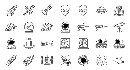 Explore the cosmos with this collection of space icons featuring rockets, astronauts, aliens, planets, and futuristic technology for creative projects.