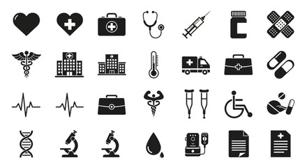 Essential medical icons representing healthcare, wellness, and patient care for professional design projects