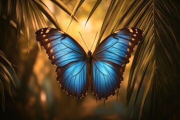 Blue morpho butterfly resting on palm fronds with delicate open wings and soft light for nature and design concepts