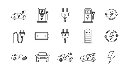 Essential electric vehicle charging icons and symbols for modern automotive technology and sustainable transport concepts