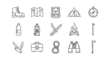Essential outdoor adventure gear collection for hiking exploration and survival with boot map backpack tent compass water bottle lantern knife campfire first aid rope binoculars and trekking poles