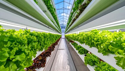 Lush green lettuce rows in a modern indoor farm, showcasing vertical farming technology and growth methods